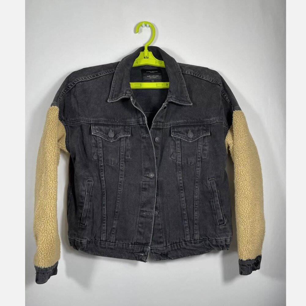 Zara Denim Jacket Fur Sleeve Black Womens Size XS